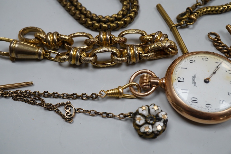 A group of gilt metal/pinchbeck jewels, 19th and early 20th century, comprising: a brooch of knotted design; two gate bracelets; a fancy link bracelet; an open-faced pocket watch; two oval panel brooches, and two watch c